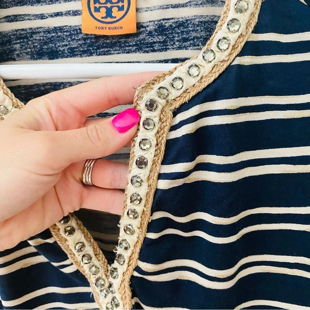 Tory Burch Striped V-Neck Top Navy Blue/Cream Sz Small